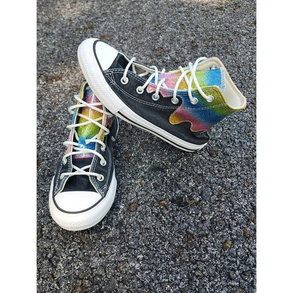 Converse Chuck Taylor Glitter Drip High Top Sneakers Black Rainbow Youth Size 1